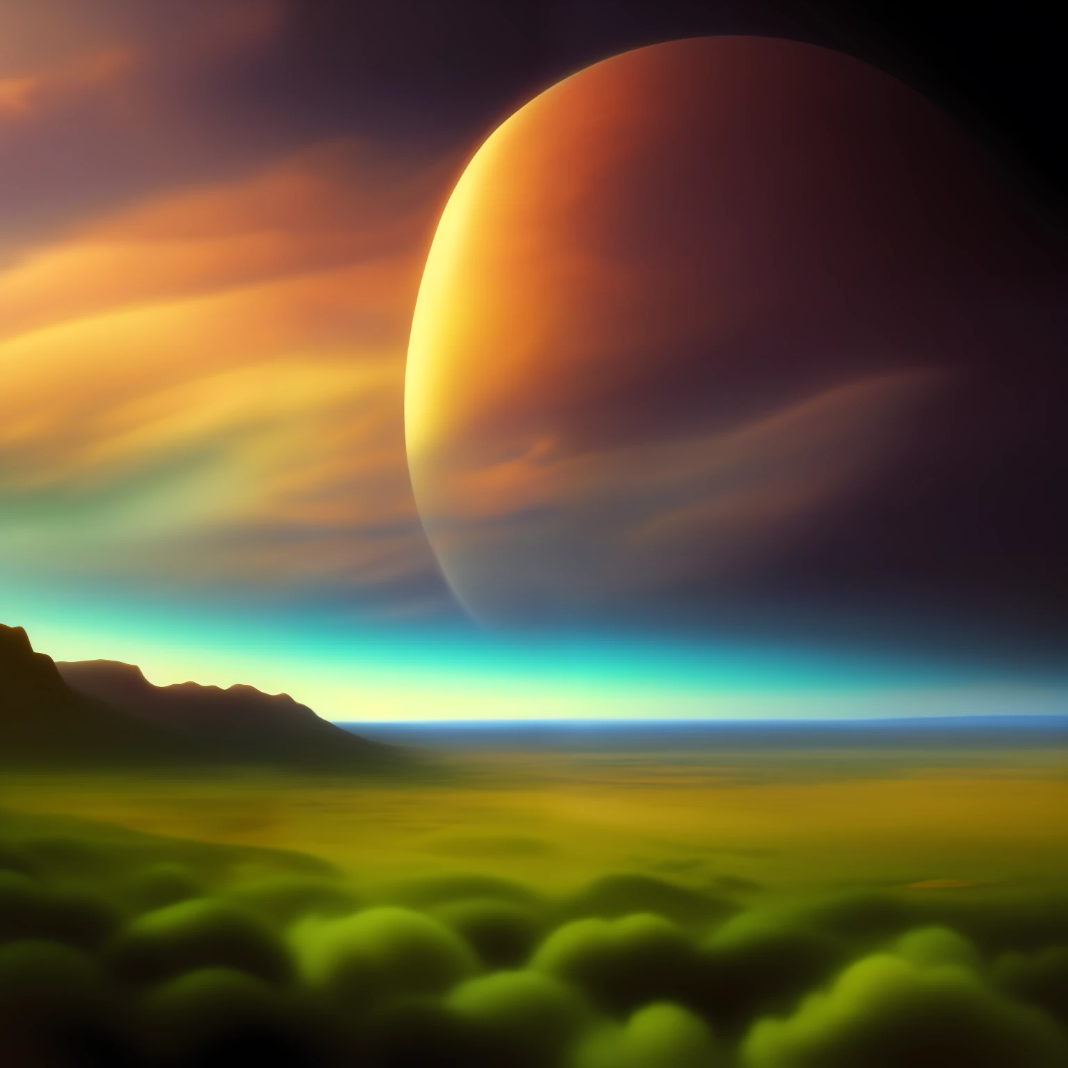 Illustration of Jupiter's clouds, alien landscape and vegetation, epic scene, intrincado, psicodelic, Lovecraft