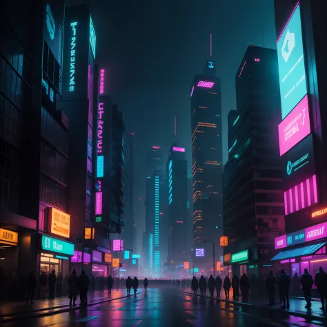Create a wide street with tall buildings in a cyberpunk city, night mood, environment illuminated with neon light with many colors, urban mood, city background with upward diagonal view, ultra realistic, 8k, hdr