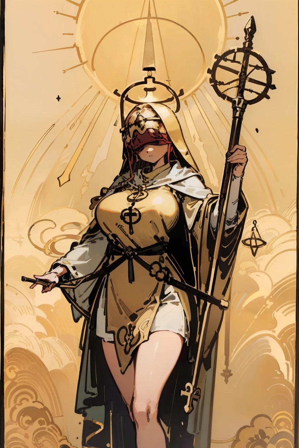 tarot card, 1girl, border, golden border, golden card, golden tarot card, blindfold, white blindfold, priest, holding staff, golden halo, thick robes, big breasts, thick thighs
