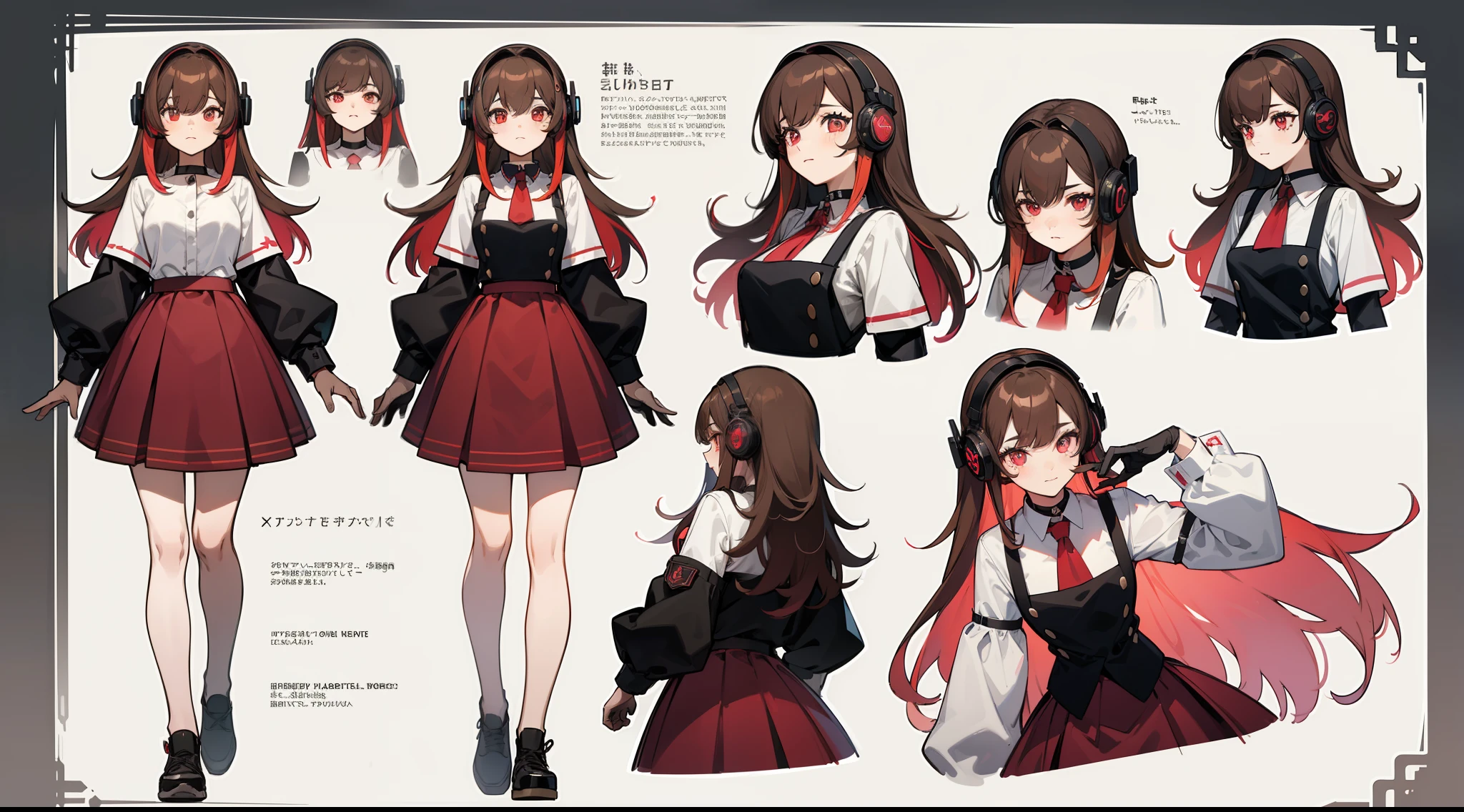 ((Masterpiece, highest quality)), detailed face, character sheet, Full body, full of details, multiple poses and expressions, highly detailed, depth, many parts, 1girl, girl in a skirt and headphones, :3, long hair, bangs, multicolored hair, two-tone hair, gradient hair, brown hair with pink tint, black crop top, red skirt, gloves, stockings, black choker, red eyes, star (symbol), symbol-shaped pupils,