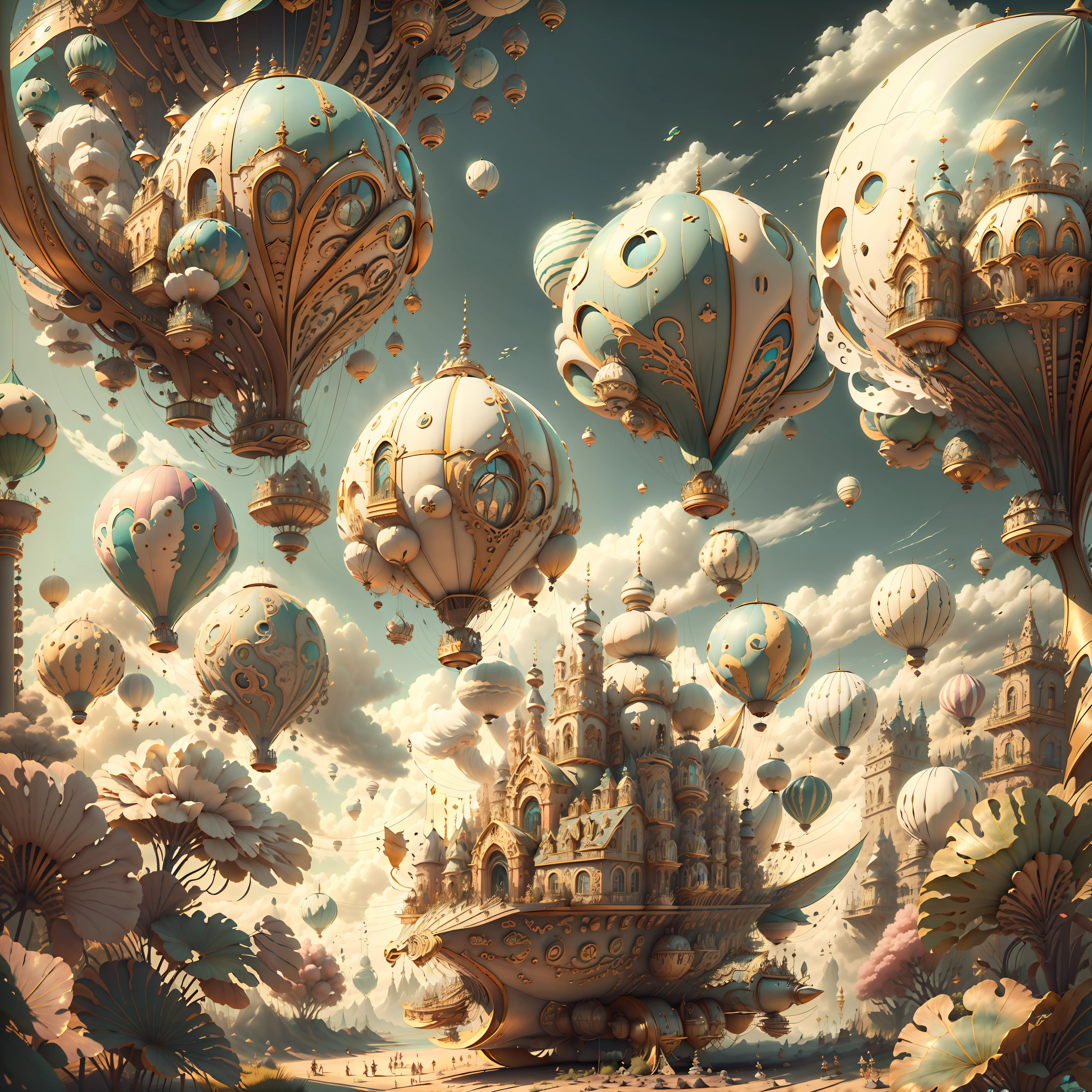 FairyTaleAI Airship, hot air balloon, Airship ZonaiIAI,, ao ar livre, nuvens,, obra-prima, trend, 8k, The scene includes magical sky full of mushrooms and colorful creatures, and audio waves can be heard in the background. The image is rendered on a hot, estilo colorido com foco no contraste e textura, ((melhor qualidade)), ((obra-prima)), ((realidade))