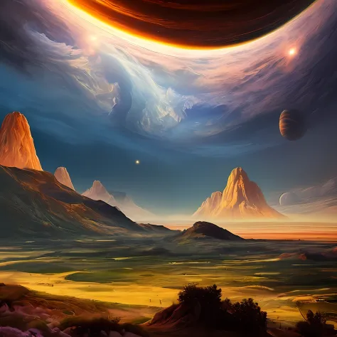 Illustration of Jupiter's clouds, alien landscape and vegetation, epic scene, intrincado, psicodelic, Lovecraft, construtos, pessoas