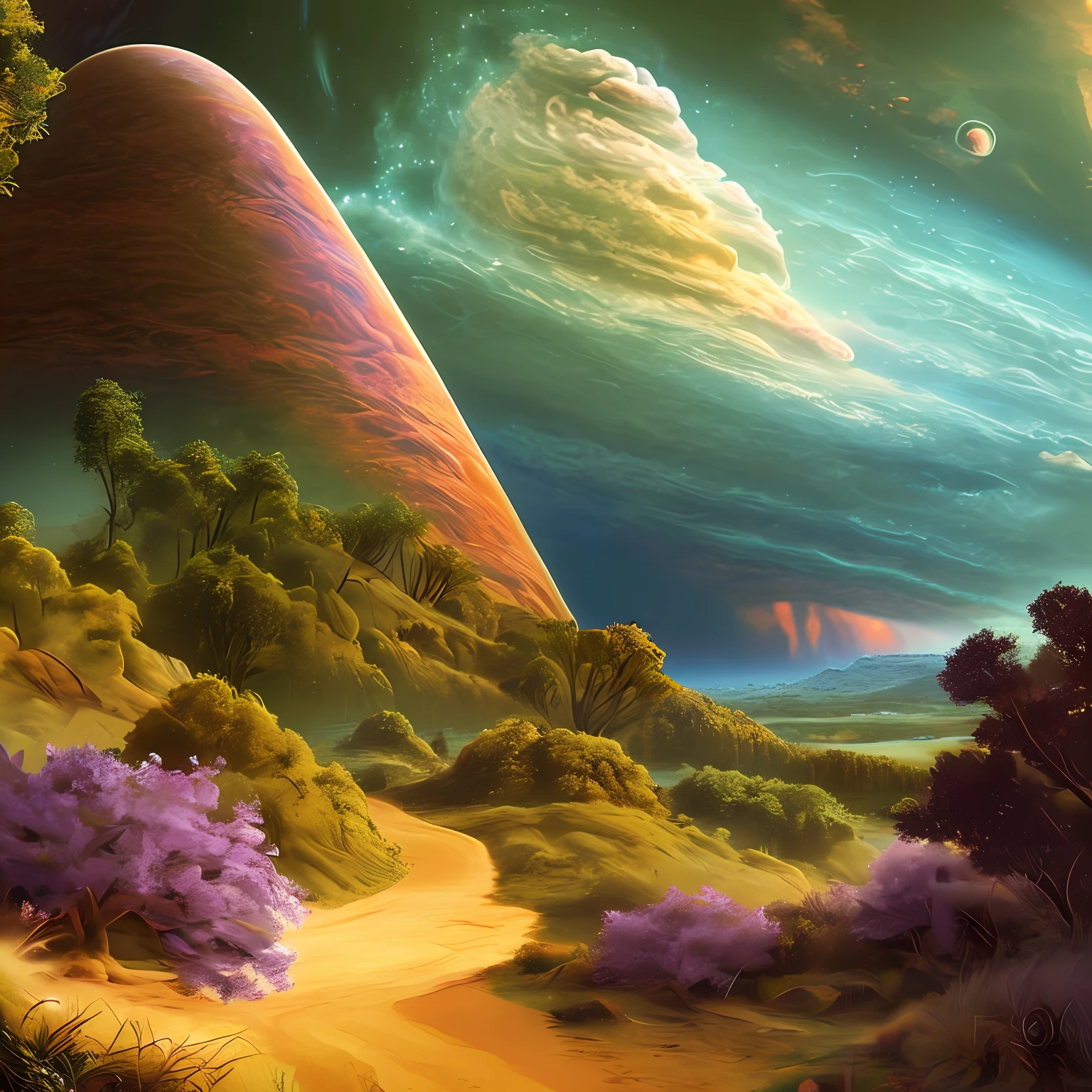 Illustration of Jupiter's clouds, alien landscape and vegetation, epic scene, intrincado, psicodelic, Lovecraft, construtos, pessoas