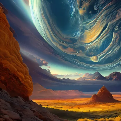 Illustration of Jupiter's clouds, alien landscape and vegetation, epic scene, intrincado, psicodelic, Lovecraft, construtos,