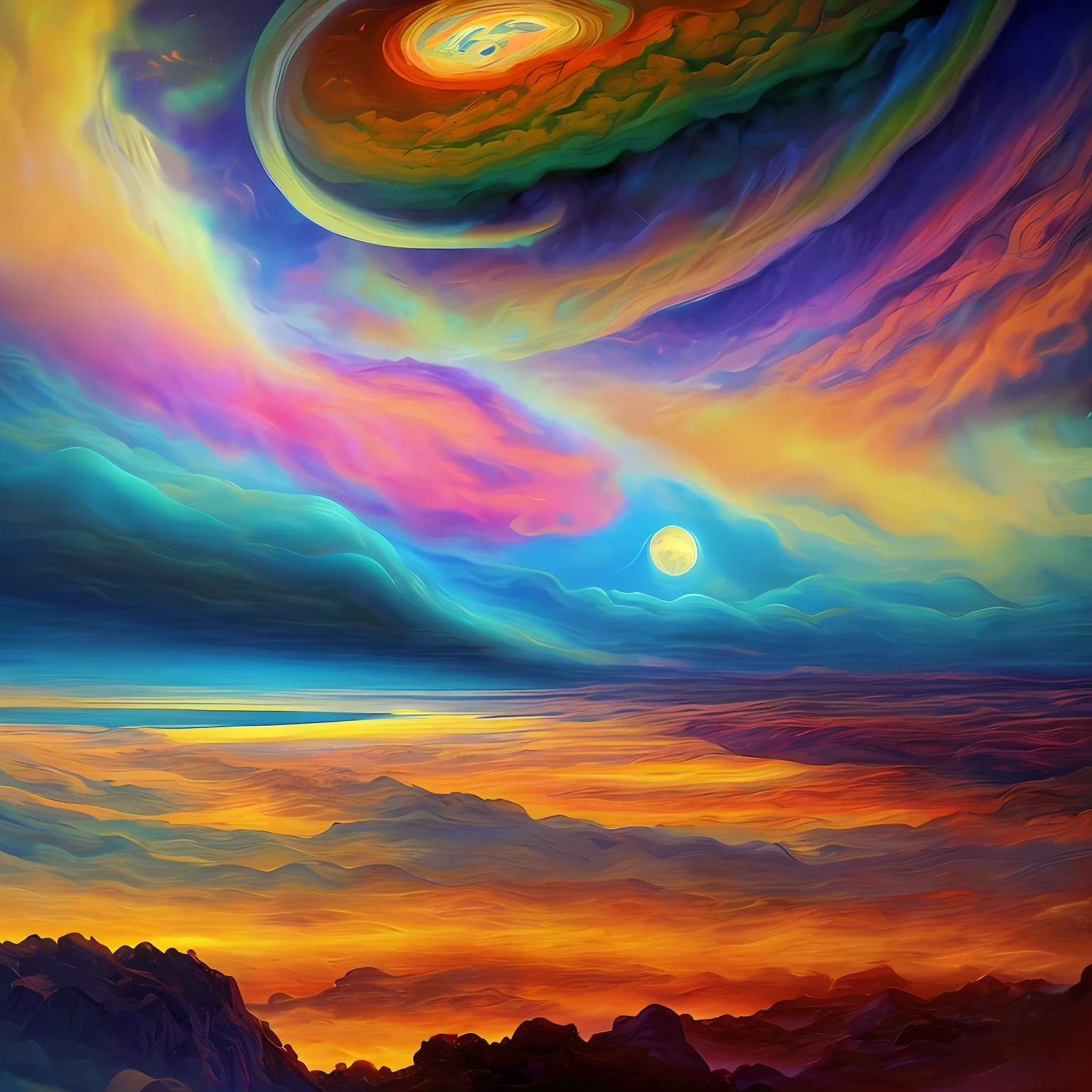 Illustration of Jupiter's clouds, epic scene, intrincado, psicodelic, Lovecraft, paisagem abstrata, colorido