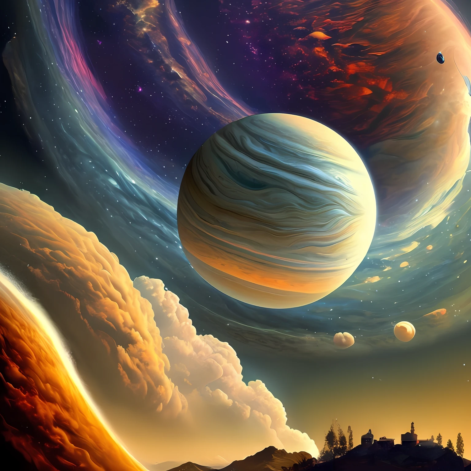 Illustration of Jupiter's clouds, epic scene, intrincado, psicodelic, Lovecraft, paisagem abstrata, assustador, universo