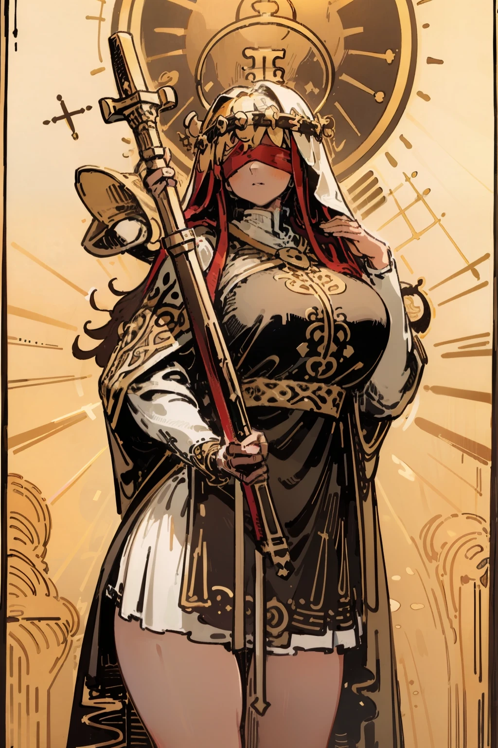 tarot card, 1girl, border, golden border, golden card, golden tarot card, blindfold, white blindfold, priest, holding staff, golden halo, thick robes, big breasts, thick thighs, cowboy shot, bust, thick multilayered dress, intricate details, intricately detailed, detailed border, red color, black color