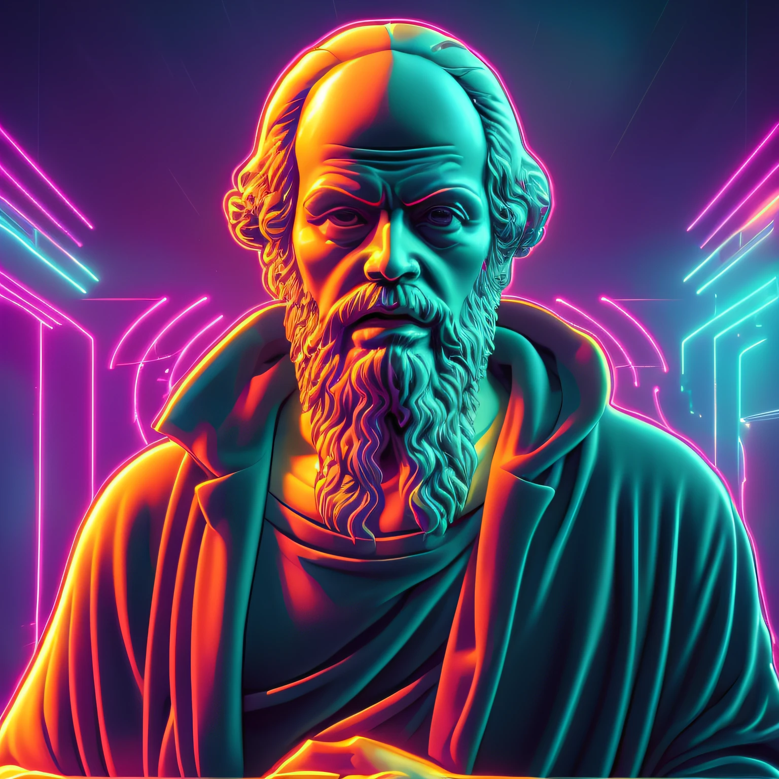 close-up of neon depiction of Socrates, The famous Greek philosopher, por Mike Winkelmann, holografia, vaporwave!, octan render, deus grego, cego, neon romano, Stoic attitude