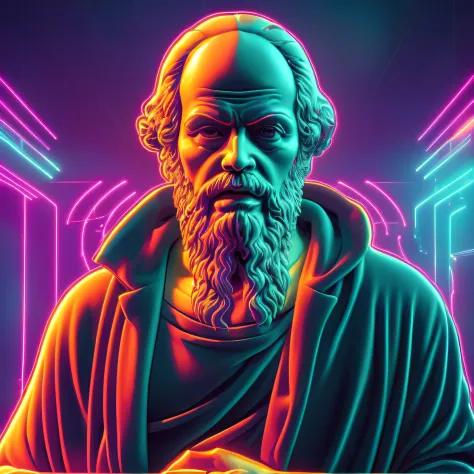 close-up of neon depiction of socrates, the famous greek philosopher, por mike winkelmann, holografia, vaporwave!, octan render,...