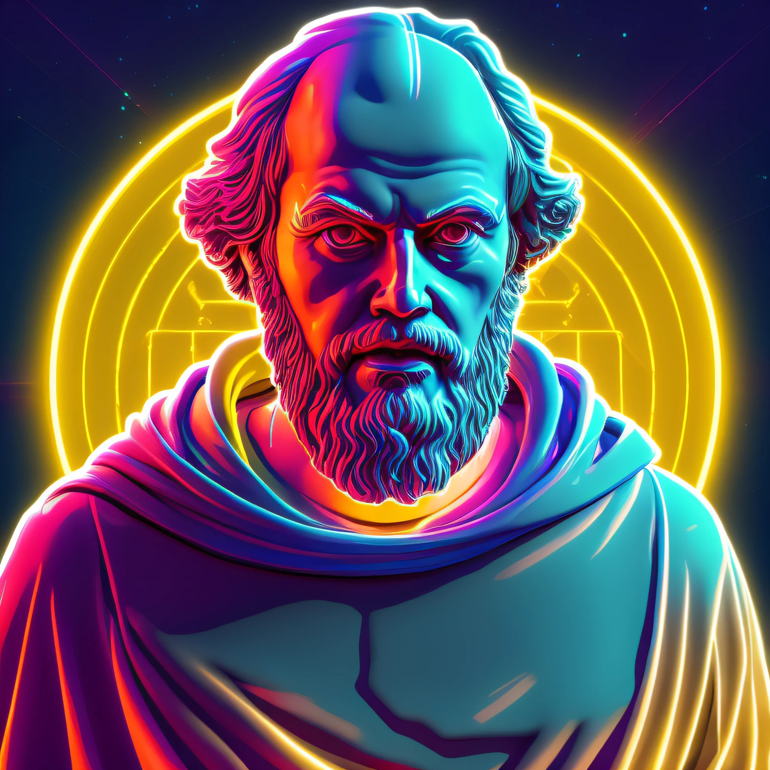 close-up of neon depiction of Socrates, The famous Greek philosopher, por Mike Winkelmann, holografia, vaporwave!, octan render, deus grego, cego, neon romano, Stoic attitude