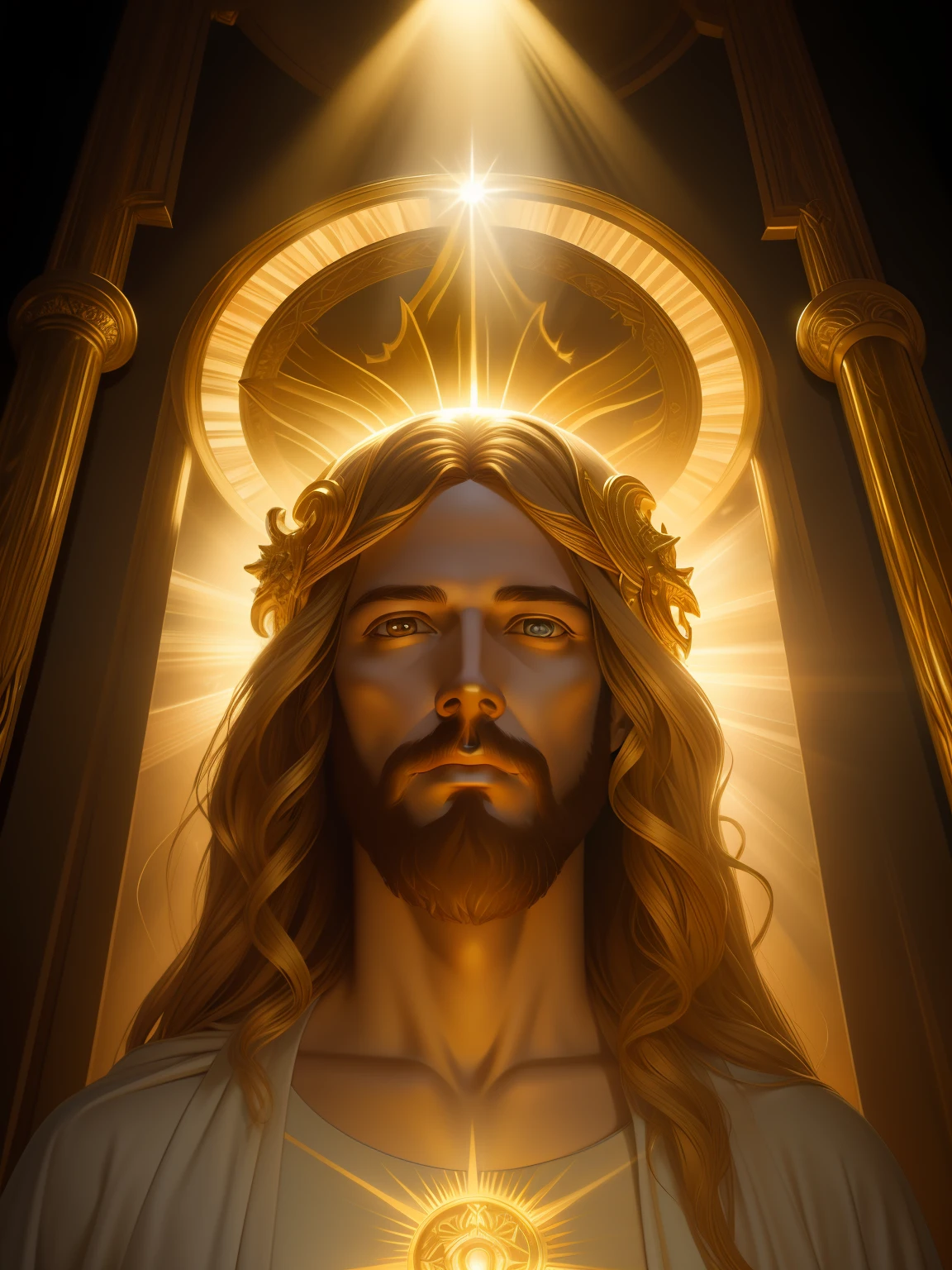 highly detailed portrait of a jesus christ sun god halo of light, gold, unreal engine, art by mark ryden, lostfish, earl norem, global illumination, god rays, detailed and intricate environment, elden ring style