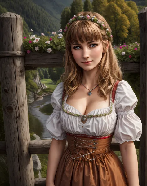 Masterpiece, absurdres, fine detail, HDR, highly detailed face and eyes, photorealistic, drindl, a woman in traditional bavarian...