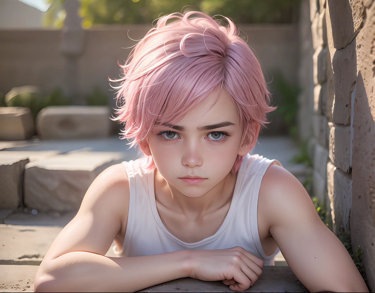 pink hair 15-year-old teenager serious and thoughtful man , tiene cabello rosado oscuro ojos  rojos, esta en el antiguo egipto se ven piramides y palacios3d, 1child,