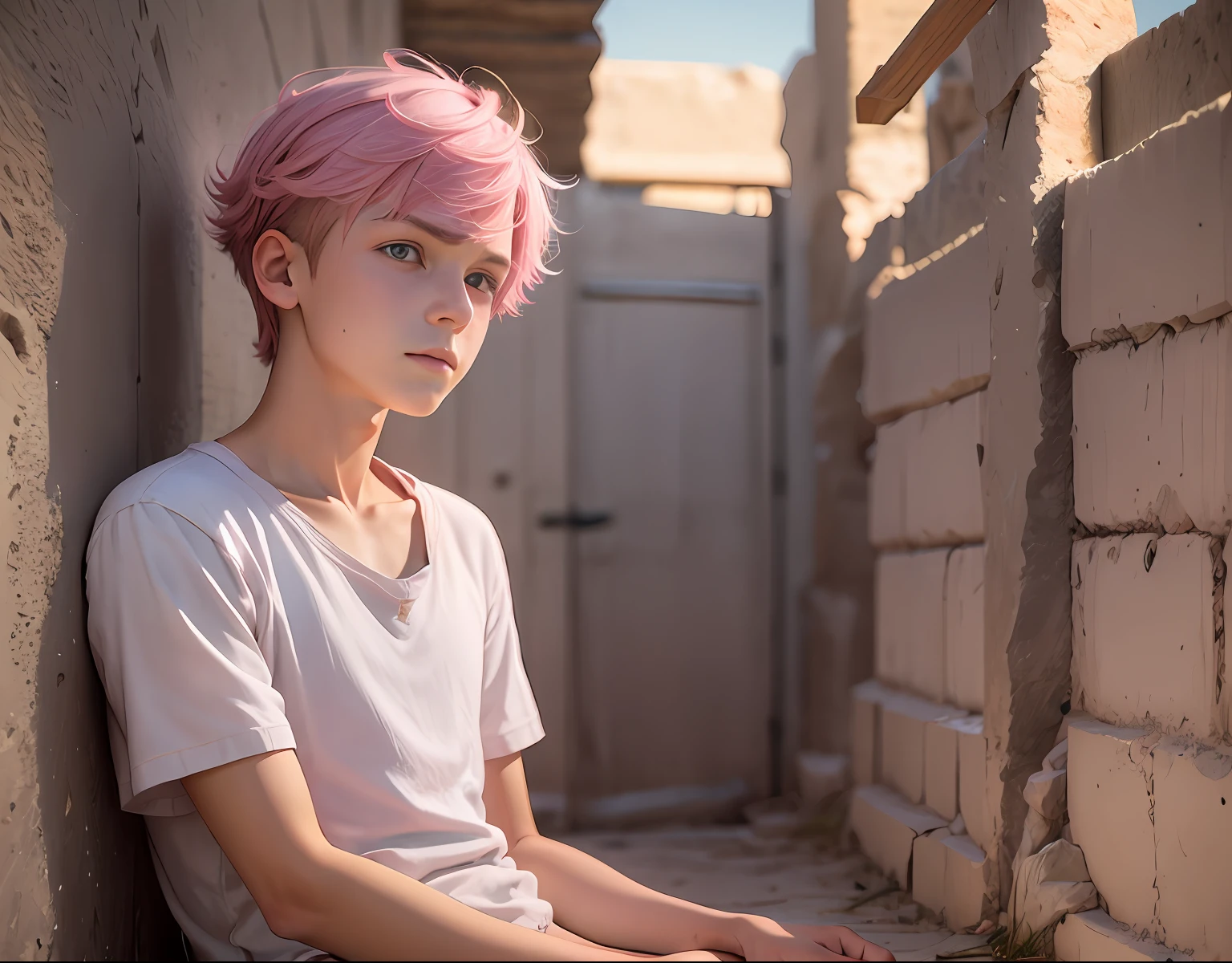 pink hair 15-year-old teenager serious and thoughtful man , tiene cabello rosado oscuro ojos  rojos, esta en el antiguo egipto se ven piramides y palacios3d, 1child,