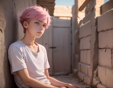 pink hair 15-year-old teenager serious and thoughtful man , tiene cabello rosado oscuro ojos  rojos, esta en el antiguo egipto s...