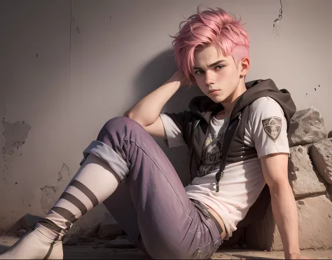 pink hair 15-year-old teenager serious and thoughtful man , tiene cabello rosado oscuro ojos  rojos, esta en el antiguo egipto s...