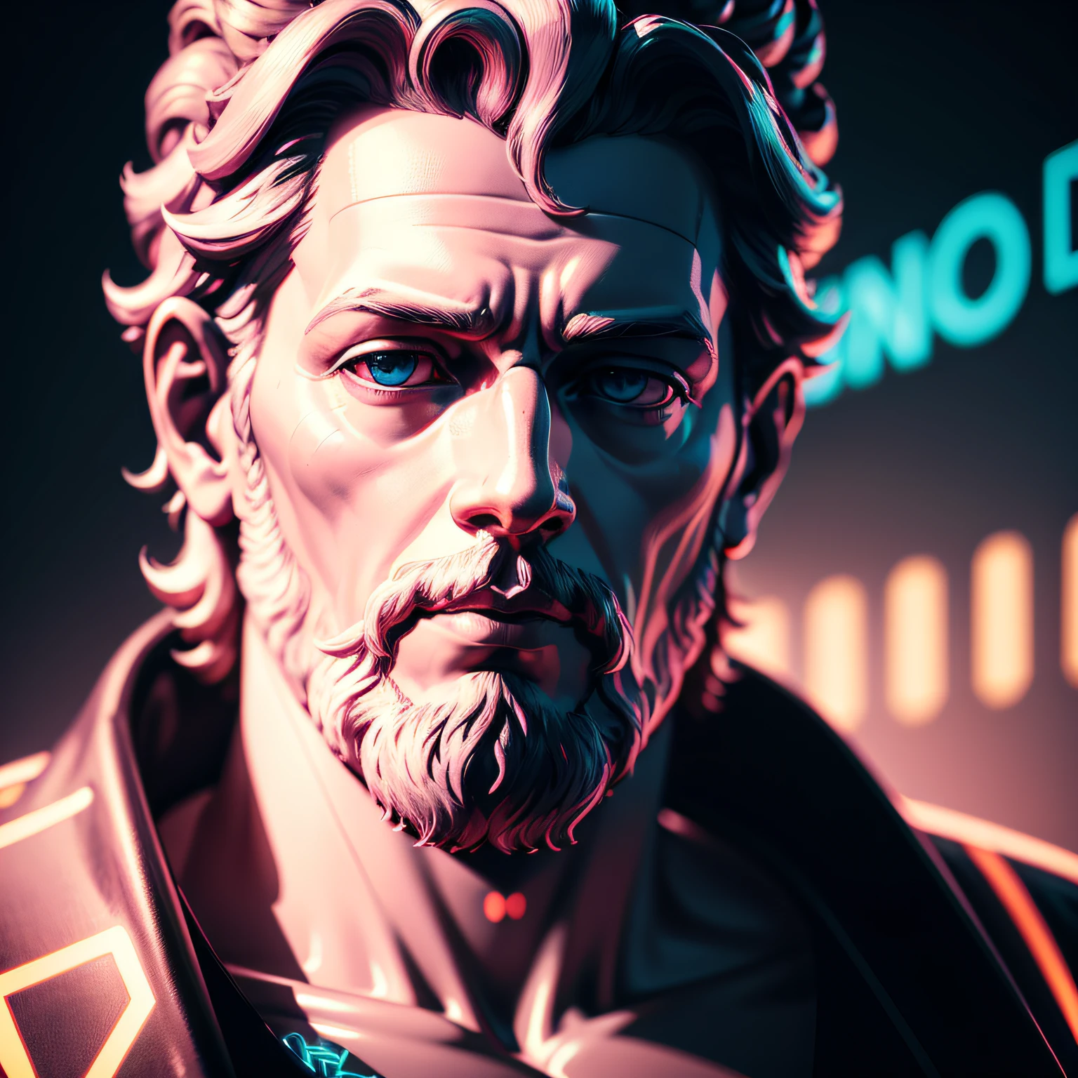 close-up of neon representation of Marcus Aurelius, The famous Roman philosopher, por Mike Winkelmann, holografia, vaporwave!, octan render, deus grego, cego, neon romano, Stoic attitude