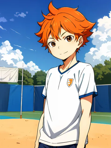 alta resolução, obra-prima, shouyou hinata, cabelo laranja, solo, 1boy, masculino, volleyball court, fora, blue skies, bosque, o...