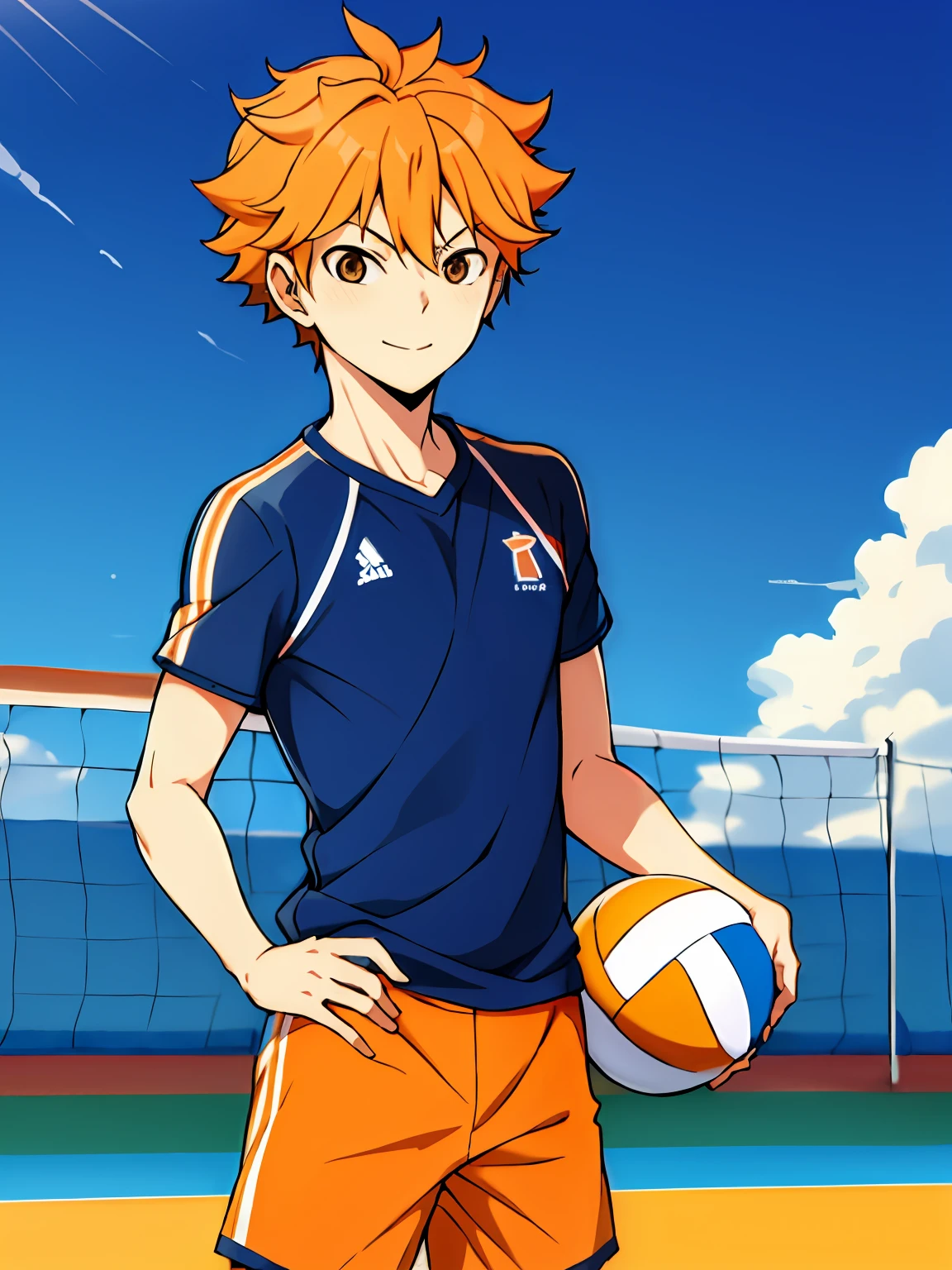 high resolution, Masterpiece artwork, Shouyou Hinata, hair orange, 独奏, 1boy, masculine, volleyball court, out, blue skies, forest, detailedeyes,stands