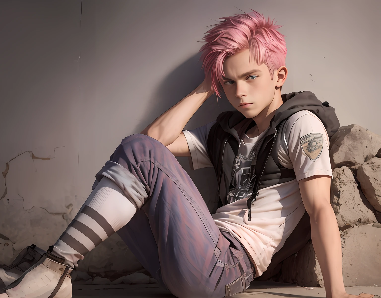 pink hair 15-year-old teenager serious and thoughtful man , tiene cabello rosado oscuro ojos  rojos, esta en el antiguo egipto se ven piramides y palacios3d, 1child,