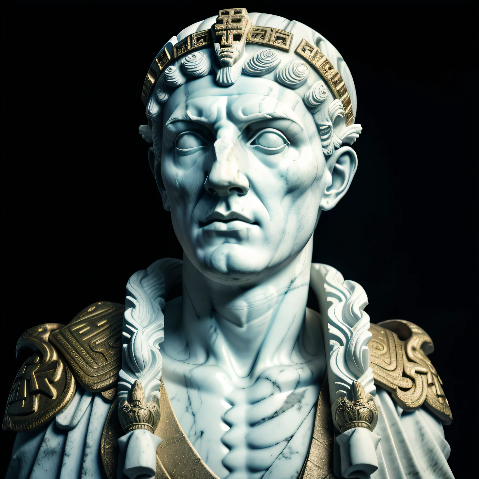 Eine realistische Ganzkörperstatue aus griechischem weißem Marmor von Julius Caesar in einer geisterhaften Toga, neutraler Hintergrund, launisch, , fotorealistisch, kinematografische Szene, super detailliert, Hyperrealistisch, helle Lichter, NEON IM HINTERGRUND 8 K