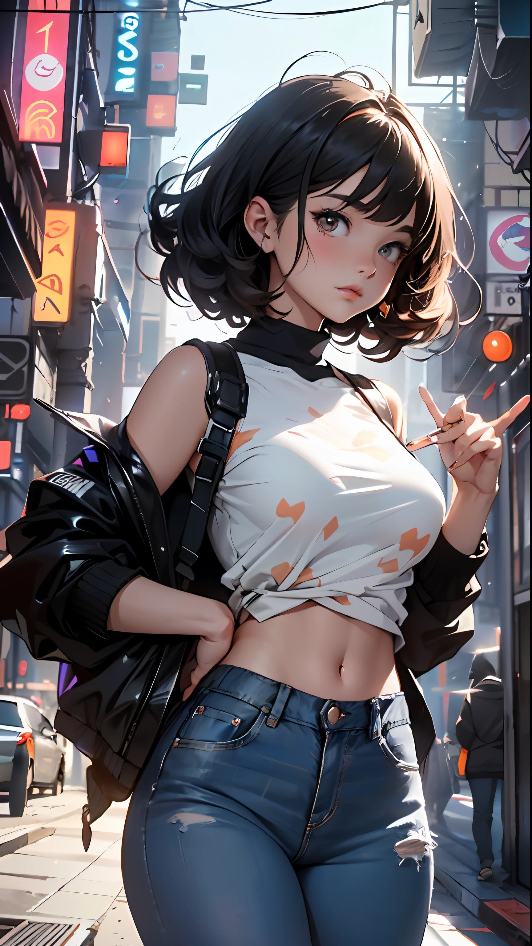 девушка космопанк,(((1 девушка))),((extremely Милый and beautiful black  curly-haired anime girl walking down the street)), (короткая  грудь:1.4),(((черные вьющиеся волосы:1.35 - SeaArt AI