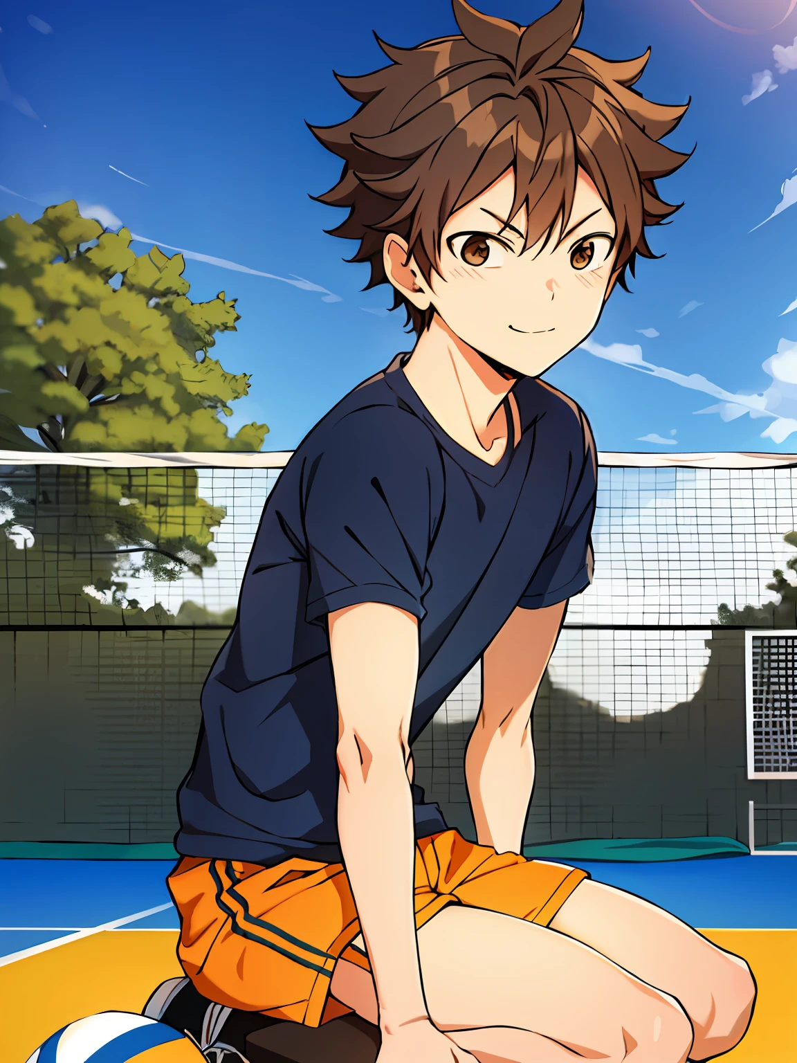 high resolution, Masterpiece artwork, Shouyou Hinata, Bblack hair, 独奏, 1boy, masculine, volleyball court, out, blue skies, forest, detailedeyes,