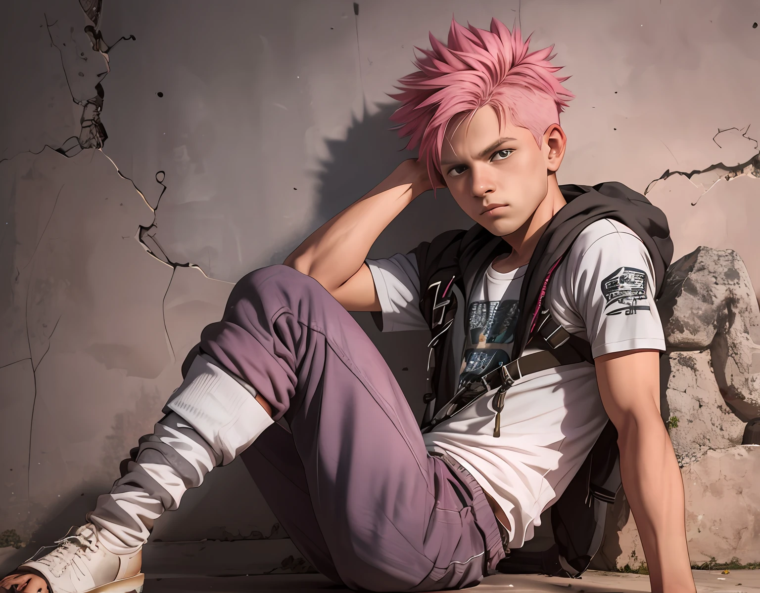 pink hair 15-year-old teenager serious and thoughtful man , tiene cabello rosado oscuro ojos  rojos, esta en el antiguo egipto se ven piramides y palacios3d, 1,