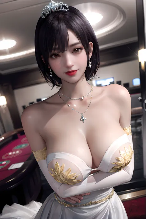 nagisa, 8k cg, flawless, masterpiece, solo, 1girl, light smile, casino, rich, wedding dress, necklace, earring, (tiara:0.9), golden, big breast, cleavage, face focus, gleaming skin, elbow gloves