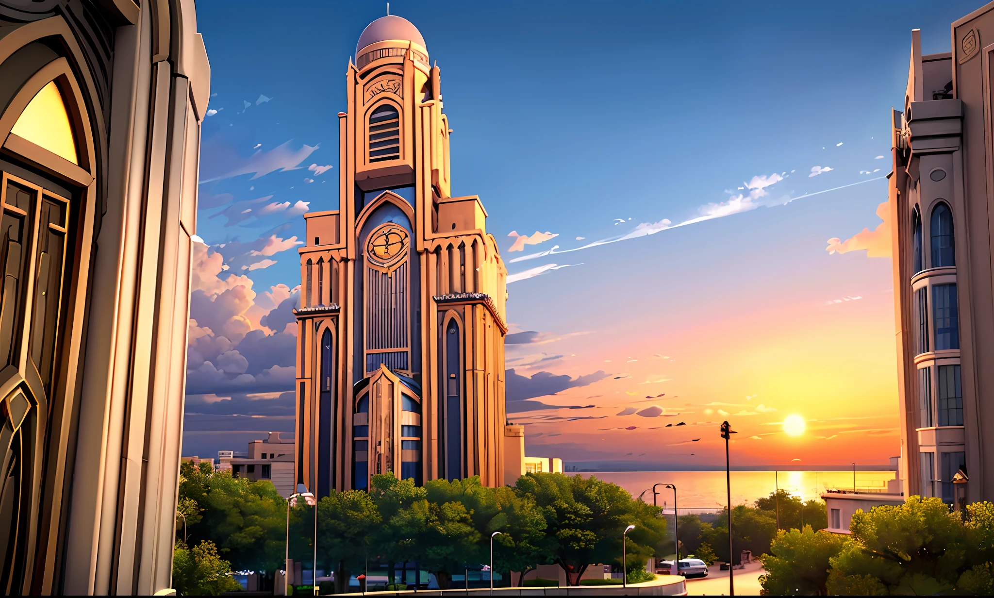 Modern Islamic-style tower of marble stones towering at sunset on the shores of Tripoli, Libya, It has a subtle light on the edges, Large windows and large door. There is a luxury car in front of the tower.