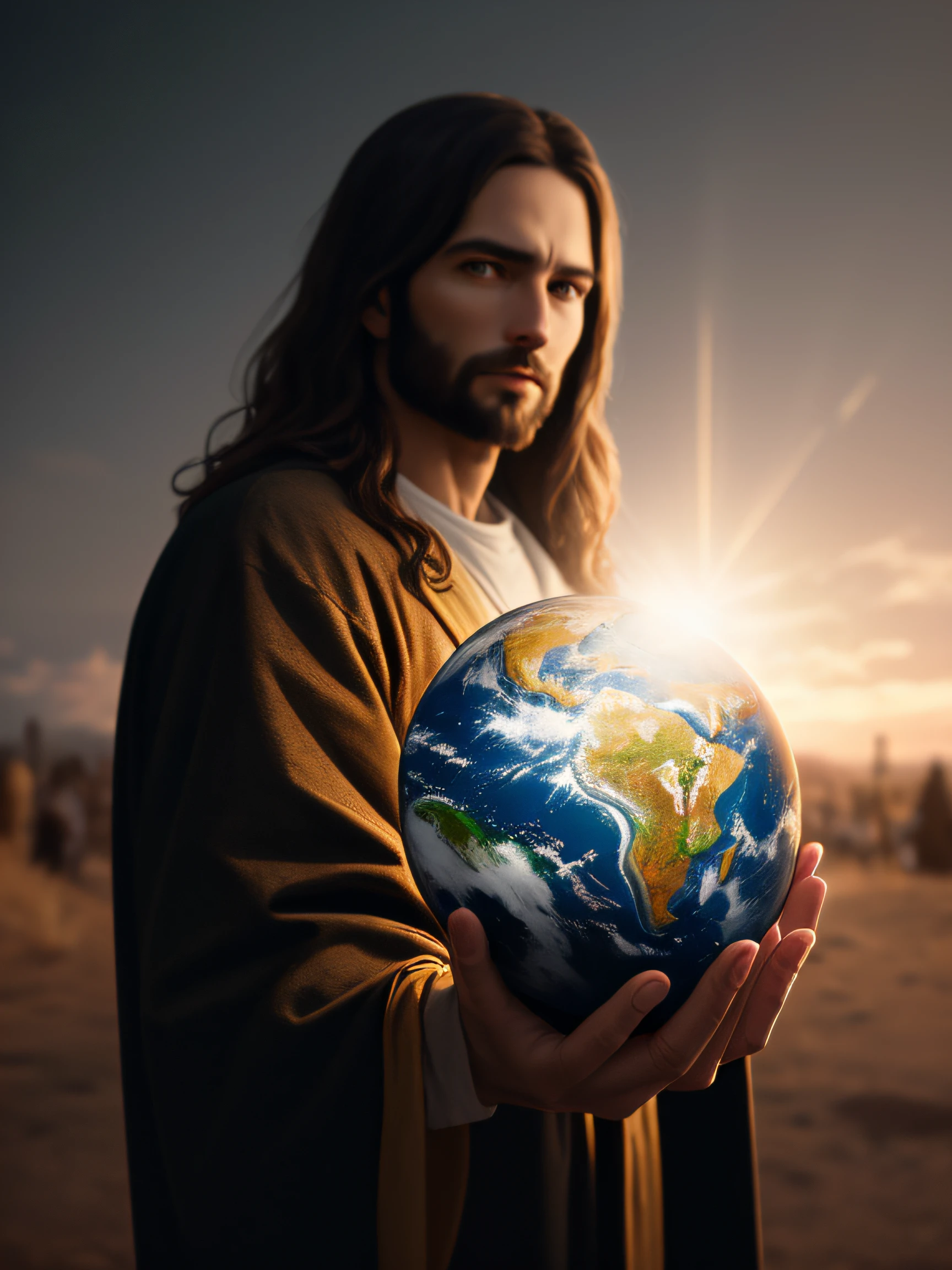 تحفة واقعية بدقة 8K مع تشريح مثالي: يسوع المسيح يحمل كوكب الأرض بيد واحدة, مع وجه غير مشوه, الإضاءة السينمائية, عمق الميدان, خوخه, الواقعية, واقعية, hyperالواقعية, التصوير الفوتوغرافي الاحترافي