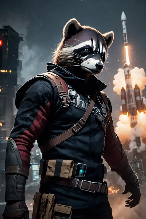 masterpiece,ultra realistic,32k,extremely detailed CG unity 8k wallpaper, best quality,
(rocket raccoon:1.2), (science fiction noir:1.3)