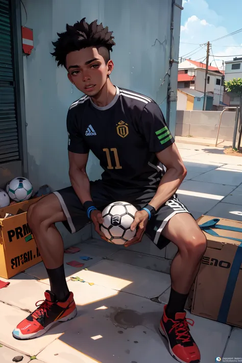 Poor dirty black boy who lives in the favela of Rio de Janeiro with a soccer ball in his hand like Vinicius Junior