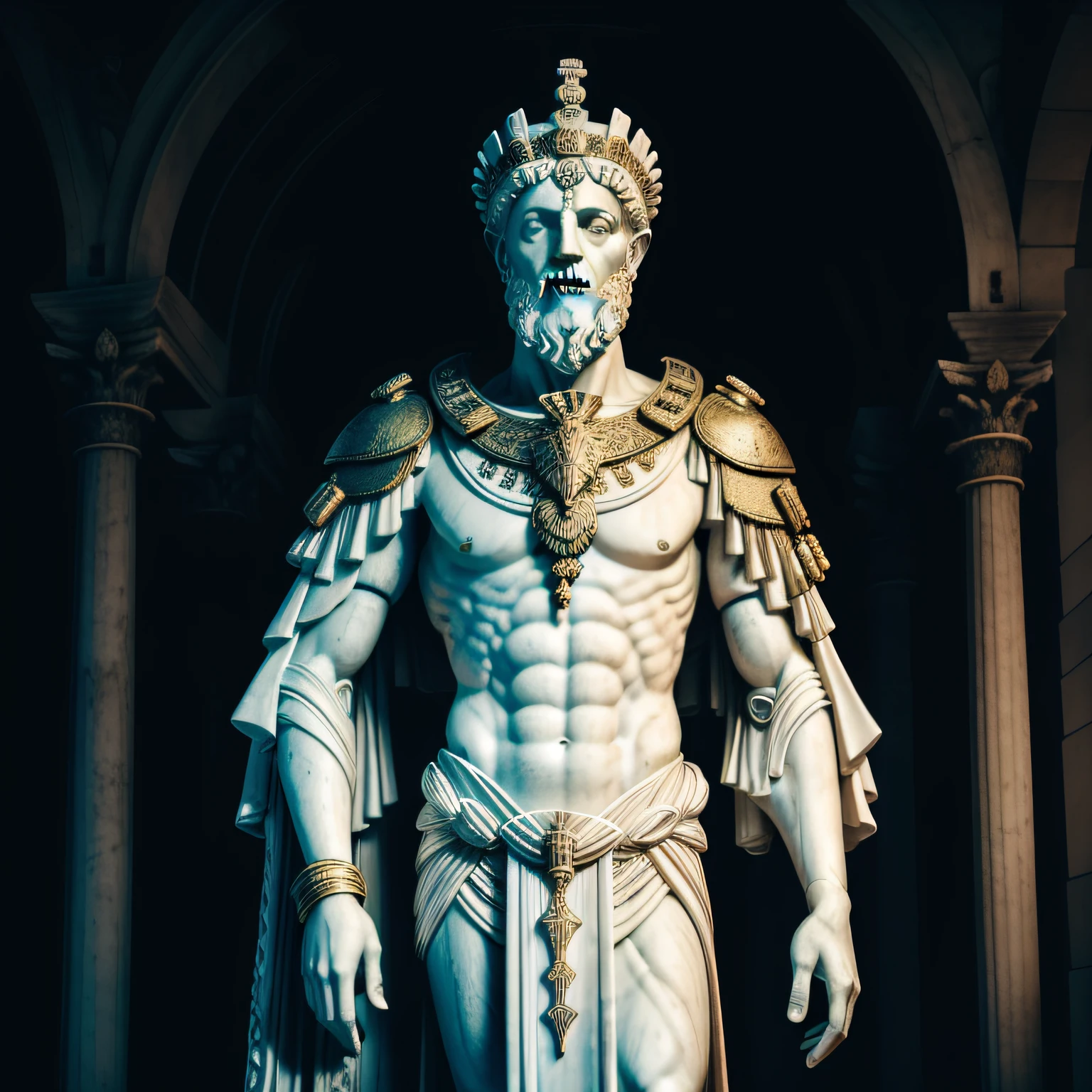 A realistic full-length Greek white marble statue of Marcus Aurelius wearing a ghostly toga, fundo neutro, Moody, , fotorrealista, cinematographic scene, super detalhada, hiper realista, luzes brilhantes, NEON AO FUNDO 8 K