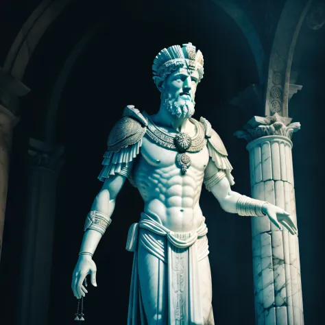 A realistic full-length Greek white marble statue of Marcus Aurelius wearing a ghostly toga, fundo neutro, Moody, , fotorrealist...