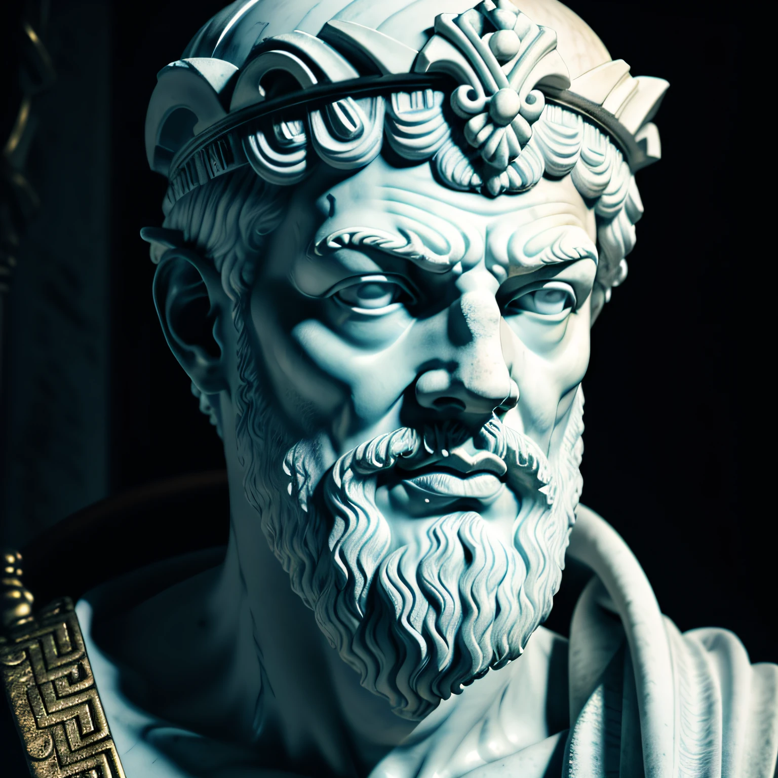 Eine realistische Nahaufnahme einer griechischen Statue aus weißem Marmor von Sokrates mit einer geisterhaften Toga, neutraler Hintergrund, launisch, , fotorealistisch, kinematografische Szene, super detailliert, Hyperrealistisch, helle Lichter, NEON IM HINTERGRUND 8 K