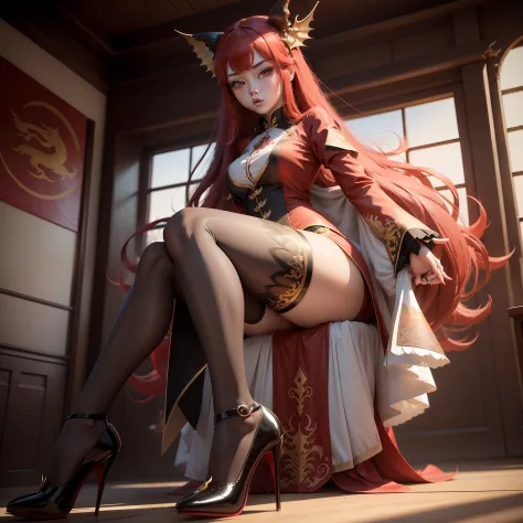 A sexy dragon girl、（Red long-haired、Beauty faces、largeeyes、Brown pupils、Ultra-delicate skin）、middlebreast、（Long legs、Black silk tights）red high heel pumps、Stand up、（White cardigan，With placket、Black horse face long dress、Golden dragon embroidery、Gubu）、3D