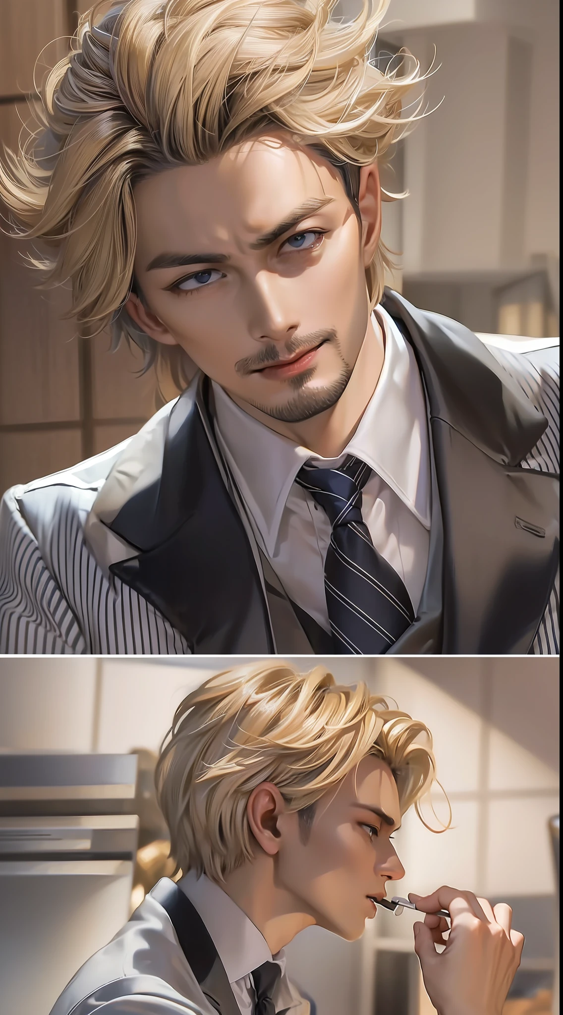 ((best quality)), ((ultra res)), ((photorealistic)), (intricate details), 2 man, perfect face, light on face, face detail, in kitchen , blonde wavy short hair,One man , Vinsmoke Sanji from the anime One Piece by Eichiro Oda , tall , slender man , long-legged , Grey-blue eyes , Attractive , holding a cigarette , has curly eyebrows , Strong jawline , Pointed nose , wears a black, double-breasted suit with a tie and a long-sleeved, buttoned shirt black, with or without pinstripes , sports a dark goatee, and stubble on his upper lip , hair cover one side of his face , one man , masculine, realistic, best quality , fair skin , handsome , smirks , cooking , ultra high resolution