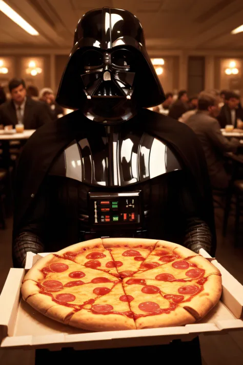 Darth_Vader eat a pizza at the restaurant ,