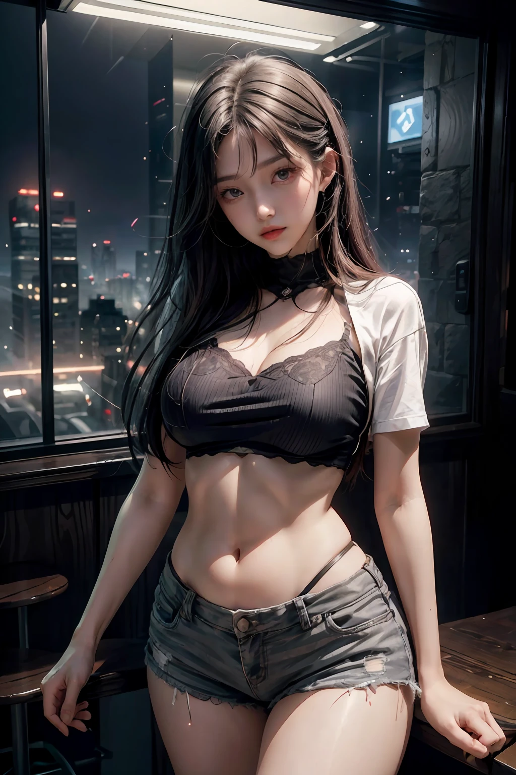 Best Quality, Masterpiece, High Resolution, 8K, (Realistic: 1.4), Ultra High Resolution, 1 Girl, Ultra Detailed, Surreal, Highly Detailed CG Illustration, Official Art, Cinematic Light, Reality, Young Beautiful Girl, Perfect Figure, Perfect Figure, Full View, Perfect Body, (Starting below: 1.3), Mask, Pose, Sexy Long Legs, Confident, Beautiful Sexy, Grey Short Sleeves, Open Abdomen, Black Super Shorts, S-shaped Body, Upturned Hips, Assuming, Posing, Different Perspectives