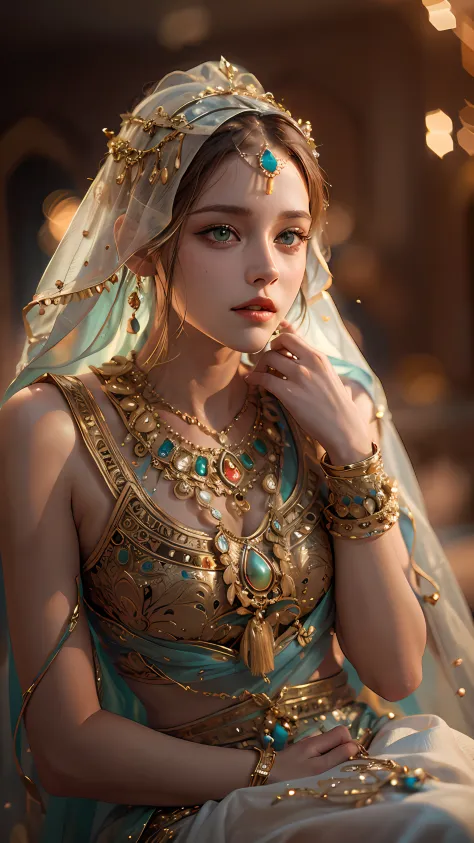 Best quality, masterpiece,1girl, kristen Stewart , perfect Arabian dress, hair ornament, necklace, jewelry, beautiful face, full...
