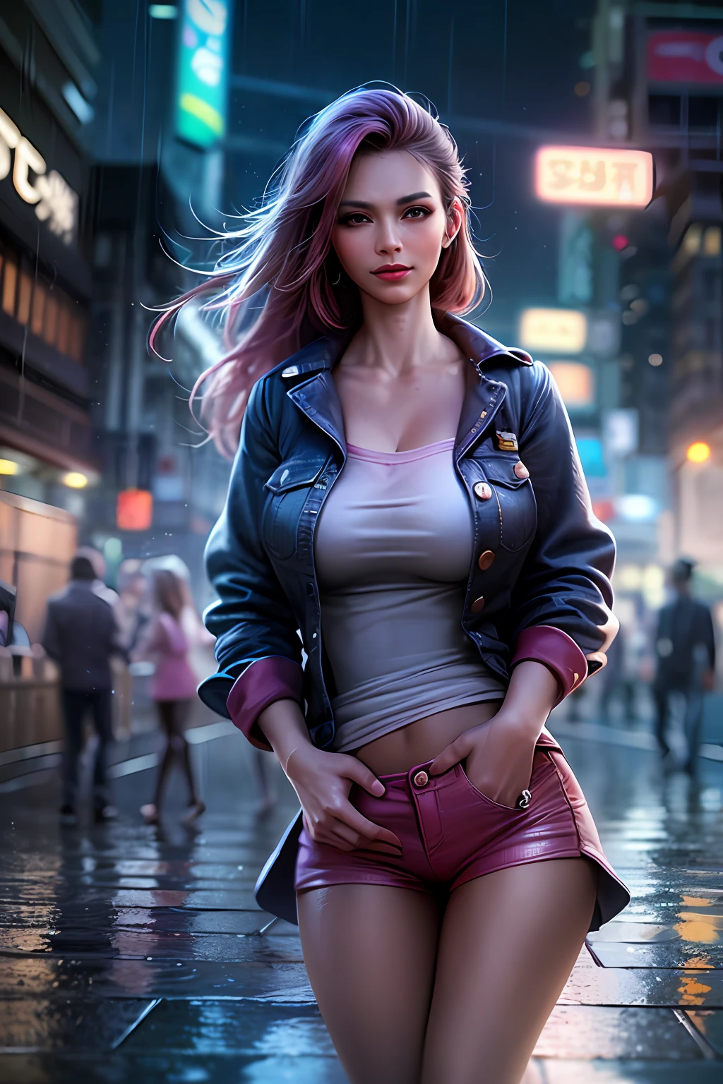 (1girll:1.3), (Best quality, Masterpiece, Ultra-high resolution),(Photorealistic:1.3), (Realistic:1.3), Depth of field,(full bodyesbian:1.2), (Outdoors:1.2), (day:1.2), (Cinematic lighting:1.2), (Dim light:1.2), (in fall, cyberpunk, City, Kowloon, rain),(Closed mouth), (Light smile:1.2), (Expressive hair:1.2), (Floating hair:1.2), (Pink compression shirt:1.3), (button-down:1.2), (Skinny jeans:1.2),Busty, vivacious and seductive, (only one girl:1.2),(standing:1.2), (Slender), (Slender legs), (Long legs:1.3), (view the viewer, facingviewer:1.2), (angle of view:1.3), (sfv:1.4), (Insert the bag with one hand:1.2), (straight-on:1.2), (Large breasts:1.2),