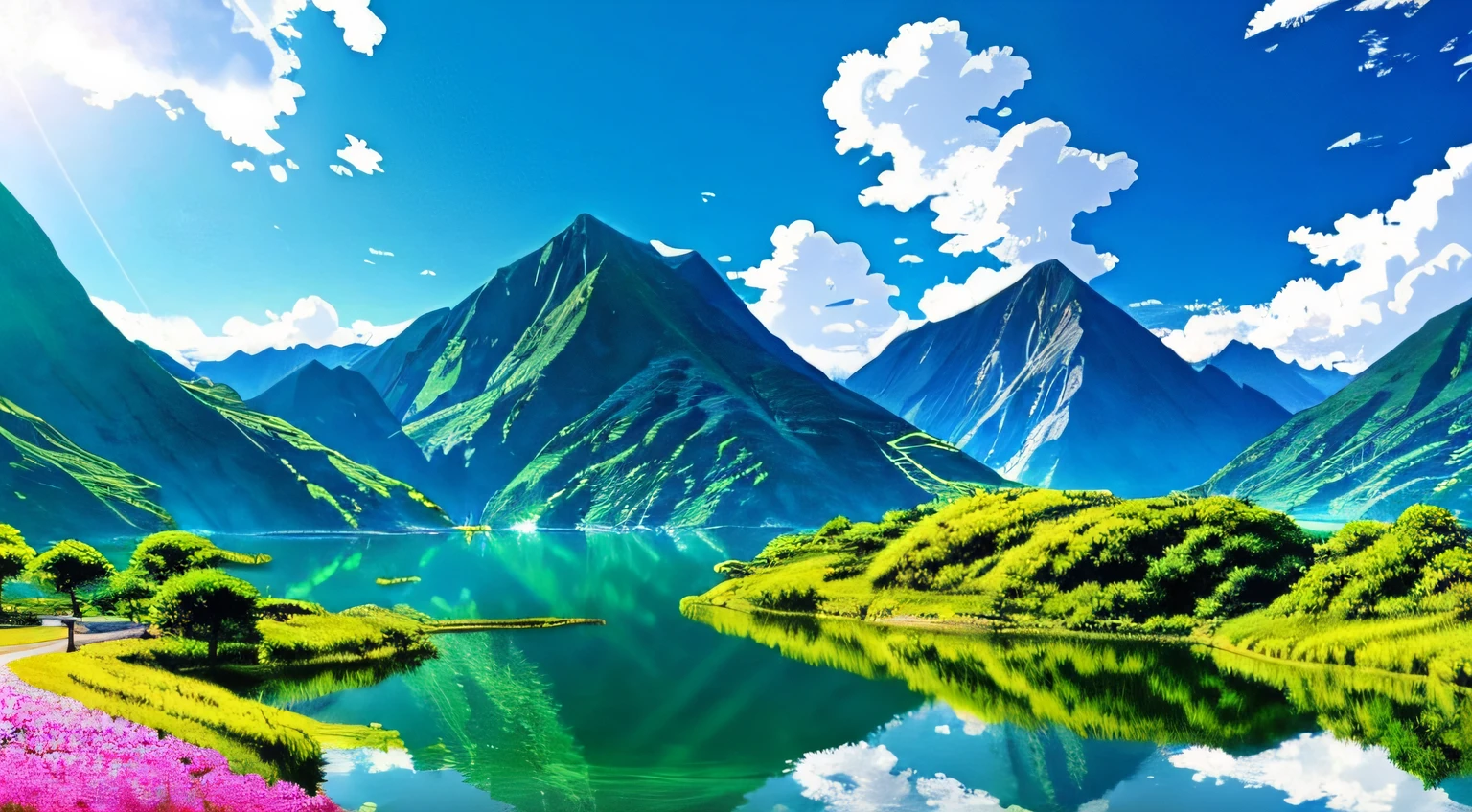 Anime landscape with mountains，Flowers and lake, anime landscape wallpapers, anime countryside landscape, Anime landscape, beautiful anime scenery, Anime landscapes, anime beautiful peace scene, scenery wallpaper, Landscape wallpaper, Anime background art, anime backgrounds, amazing wallpapers, Anime Nature, anime nature wallpap, colorful anime movie background, Detailed scenery —width 672, anime movie backgrounds