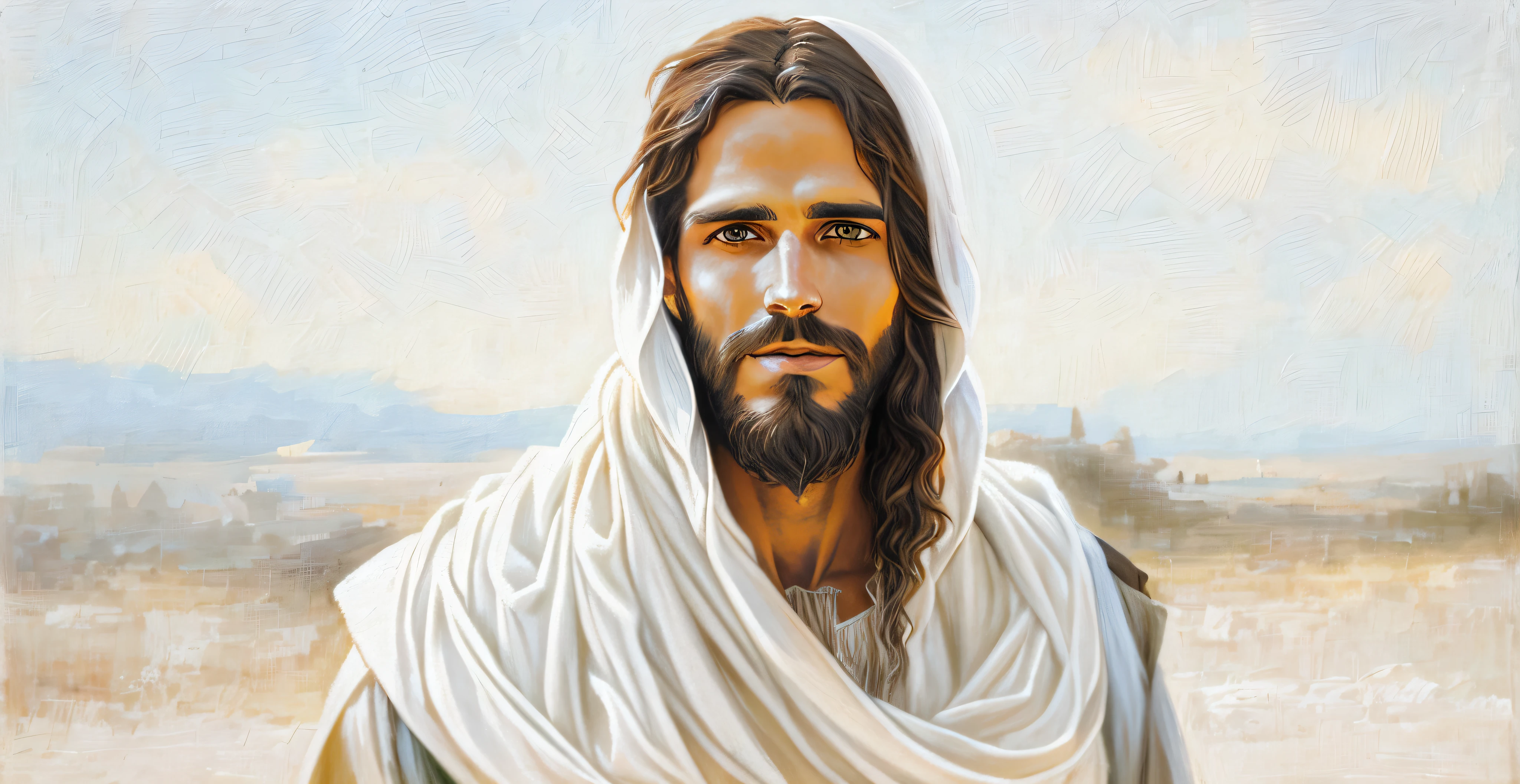 Hombre con barba y chal blanco en la cabeza., Jesús Christ, dressed as Jesús Christ, Jesús of Nazareth, face of Jesús, Greg Olsen, Jesús, Nicodemo, portrait of Jesús Christ, Señor y Salvador, el te esta saludando calurosamente.