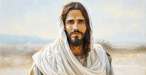 Man with beard and white shawl on his head, Jesus Christ, dressed as Jesus Christ, Jesus of Nazareth, face of Jesus, Greg Olsen,...