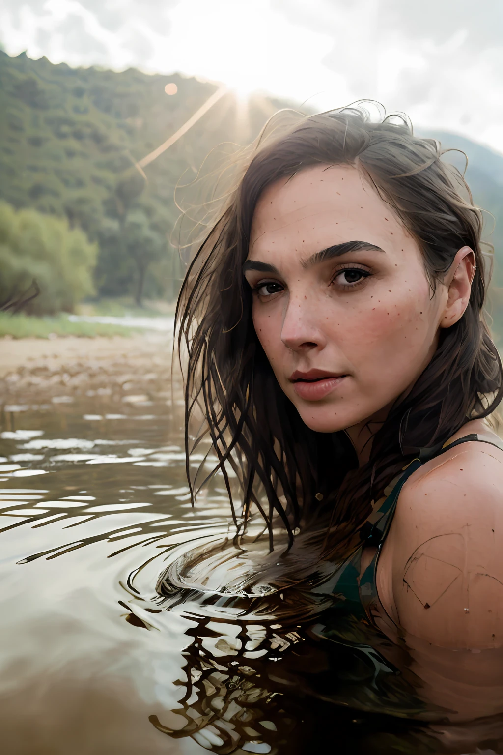 一位可爱女人的特写肖像 (格利多) 在河里洗澡, 已经, (背光), 实际的, 杰作, 最好的质量, 镜头光晕, 阴凉处, 盛开, [[色差]], 作者：Jeremy Lipking, 作者 Antonio J. 曼萨内多, 数字绘画,