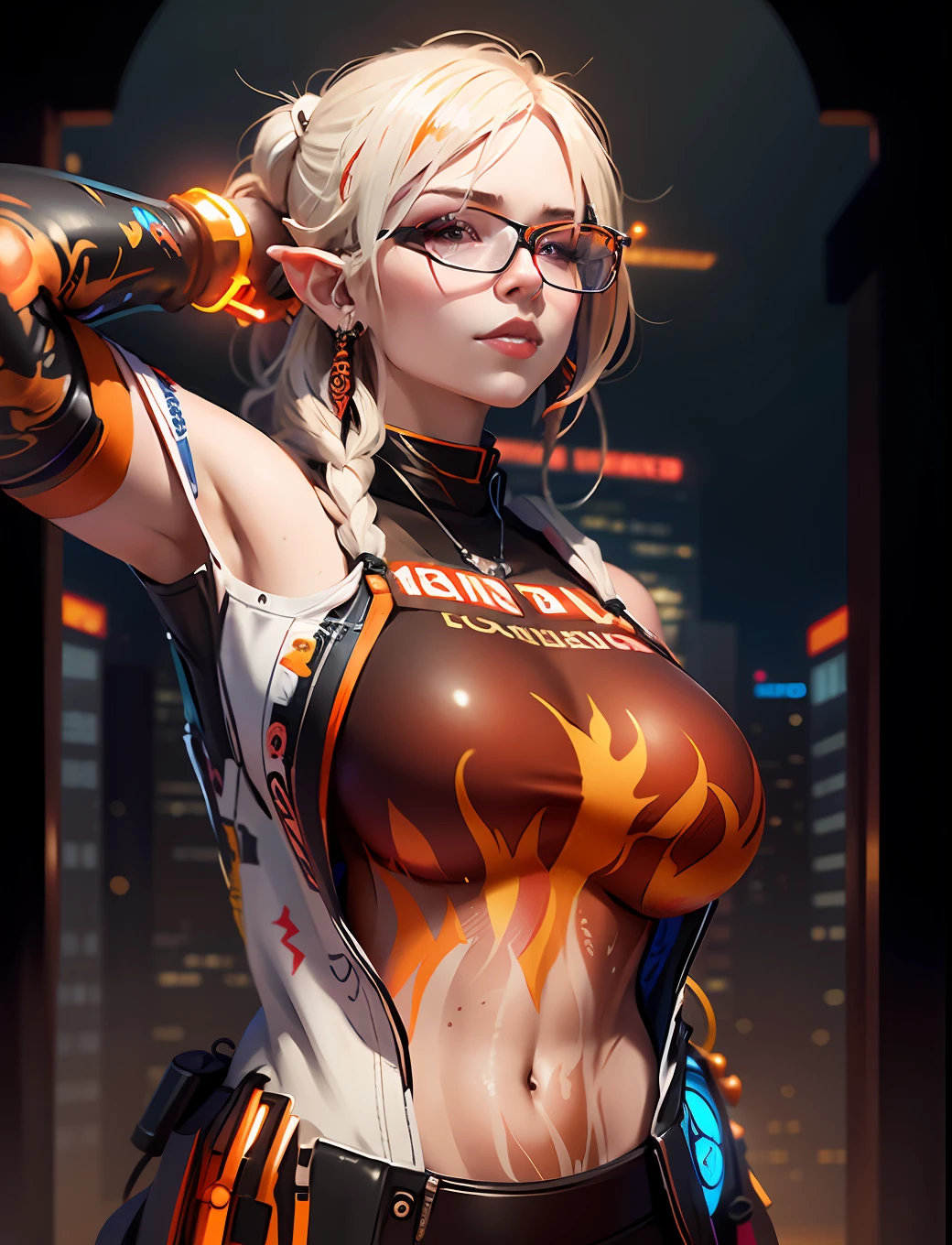 blond woman in a black and orange outfit, fire shaped glasses, perfect glasses, well made glasses, cyberpunk flame suit, anime girl cosplay, anime girl in Real Life, fire dress, anime cosplay, half body art, as overwatch character, cosplay on black harley queen, hot fire goddess, cosplay, firey, thinking, Hyperrealism, Realism, depth of field, ray tracing, bokeh, Wide-Angle, 35mm, 8k, 4K, highres, award winning, high quality, best quality, super detail, high details, masterpiece, origen, china dress,