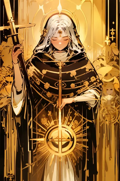 tarot card, 1girl, border, golden border, golden card, golden tarot card, priest, holding staff, golden halo, thick robes, cowbo...