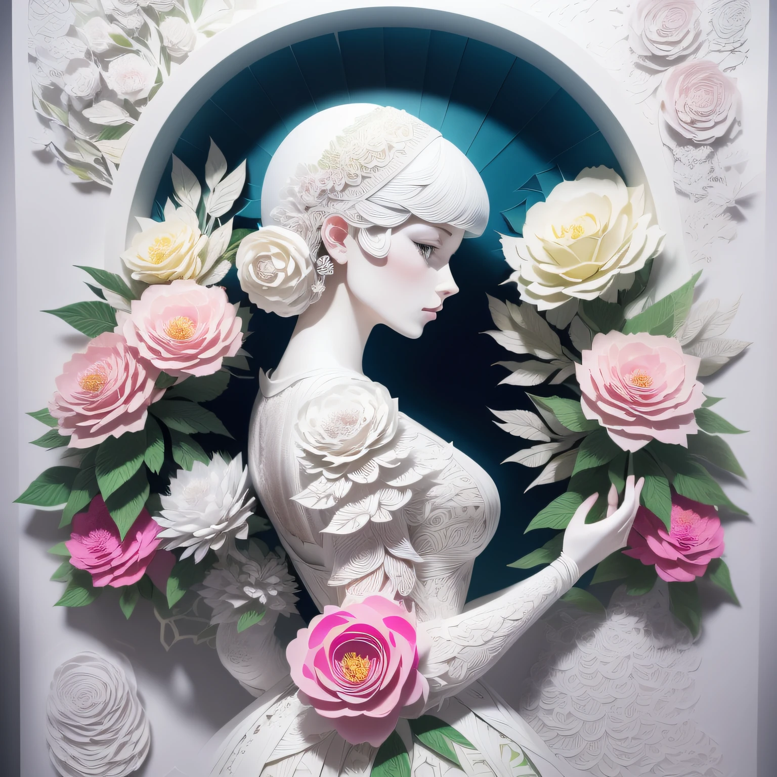 （Silhouette of a beautiful woman,Colorful camellias)，White background，Paper Cuttings effect(paper art, Quilted paper art:1.2, geomerty:1.1, zentangle,a 3D render), (Extremely colorful, Best quality, high detal, Masterpiece, Cinematic lighting, 4K)