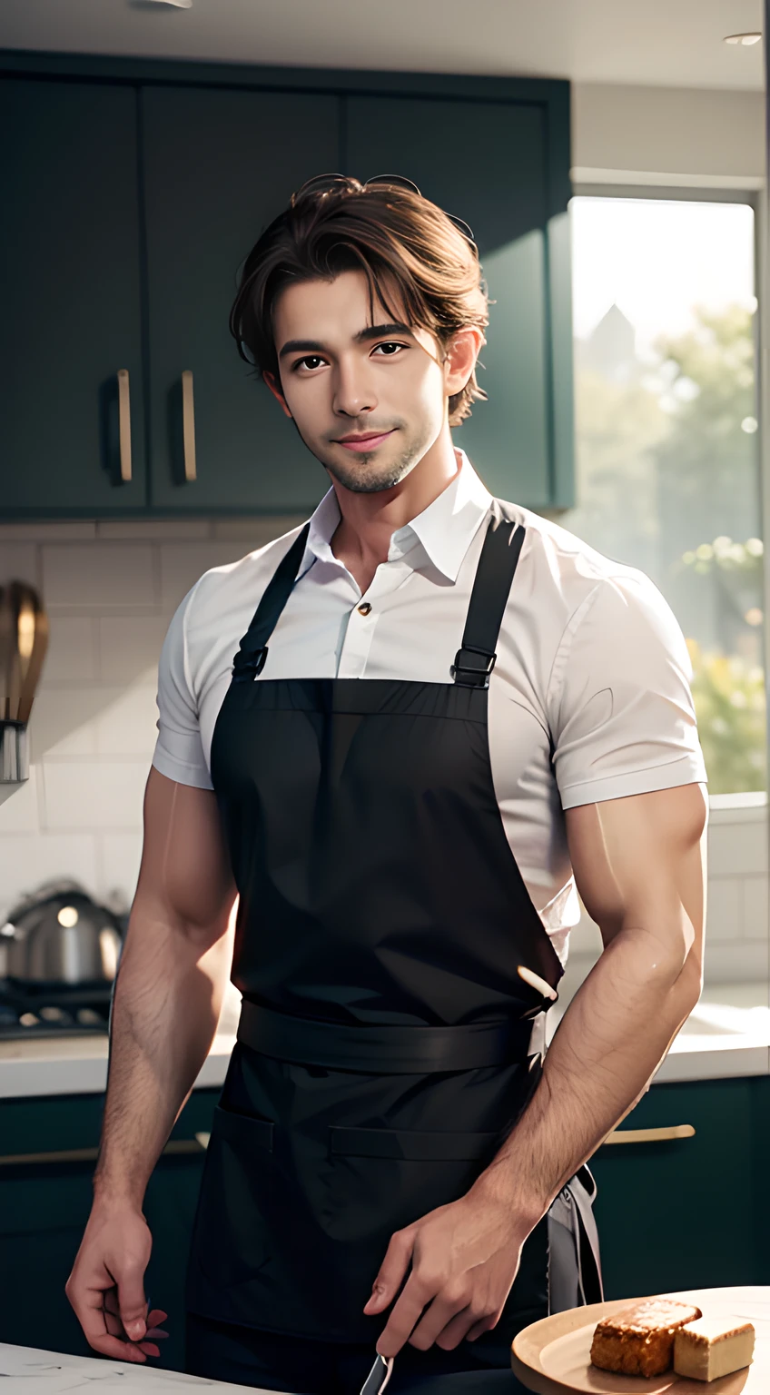 ((Men only)), (cowboy Shot), (Handsome muscular man in gold Apron in the kitchen), Mischievous smile, (detaile: 1 in 1), Natural muscles, HIG quality, beautidful eyes, (Detailed face and eyes), (Face、: 1 / 2), Noise, Real Photographics、... ....................................................................................PSD, Sharp Focus, High resolution 8K, realisitic & Professional Photography, 8K UHD, Soft lighting, High quality, Film grain, FujifilmXT3